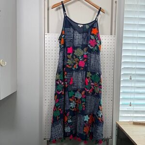 Dolma Maxi Dress Womens Navy Blue Embroidered Sleeveless Tie Split-Neck - Medium